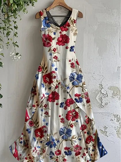 Floral Art Print Sleeveless V-Neck Retro Midi Dress